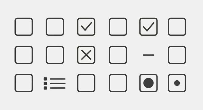 Checkbox Icons Set: Selected, Unselected, Cross, Dash, List, Dot