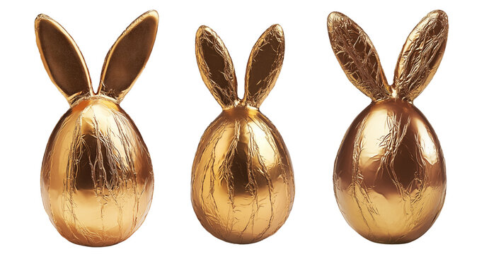 Set of Golden foil wrapped Easter chocolate shaped like a bunny with ears, isolated on white transparent background
