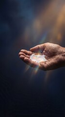 Fototapeta premium Close up of hands cupping water with rainbow light refraction and prism