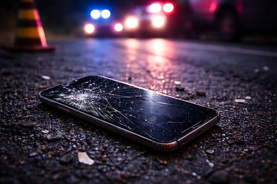 A broken smart phone lies on the road at night with the flashing lights of a car in the background.