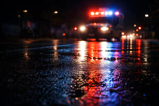 Police car with flashing lights on a wet street at night, reflecting neon