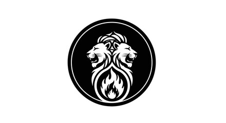 Obraz premium Double Lion Head Emblem with Flames, Circular Logo Design