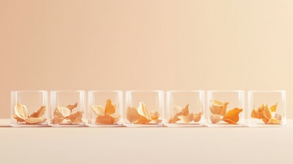 Bright minimal scene with geometric rows of glass jars with dried petals .