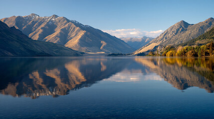 A serene lake reflects the majestic mountains and trees on a clear day
