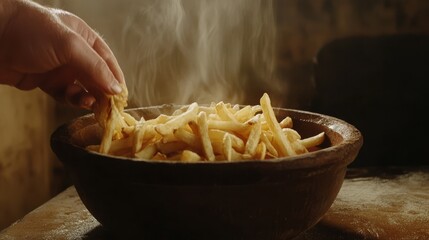 Cinematic close-up of golden fries being served in a rustic bowl .