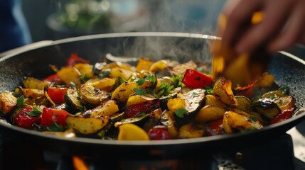 Cinematic close-up of golden roasted vegetables being placed on a plate .