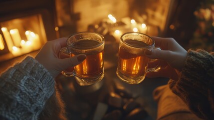 Hygge moment: hands holding tea near fireplace with candles .