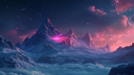 Horizon of neon particles shaping dreamlike mountains .