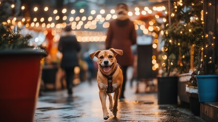 Energetic pup joins owner on farmers market stroll under string lights .