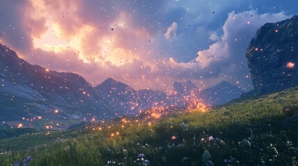 Energy-infused terrain of scattered particles .