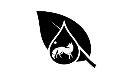 Fototapeta premium Fox Silhouette in Water Drop on Leaf Logo Icon