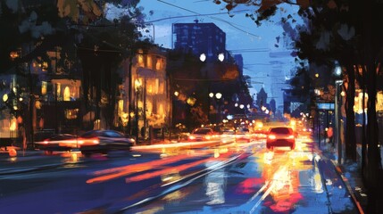 Evening city with lights and moving cars .