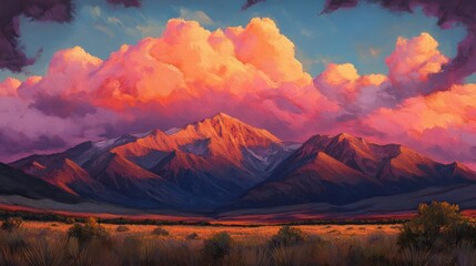 Evening clouds glowing pink and orange over mountain peaks .