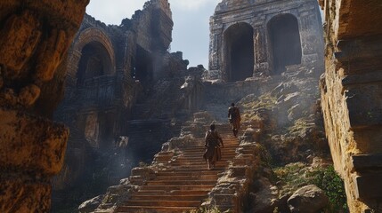 Fantasy heroes exploring ancient ruins .
