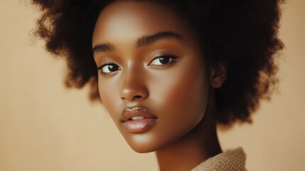 Fashion model in a chic, neutral-toned outfit, posed in soft, natural light that emphasizes her fresh and dewy skin .