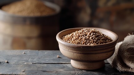 fenugreek seeds in small ceramic bowl, rustic background .
