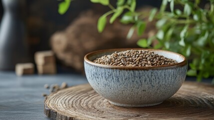 fenugreek seeds in small ceramic bowl, rustic background .