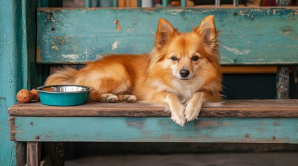 Fluffy dog lounges on cafe bench with water bowl and chew toy .