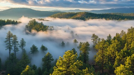Fog rolling through pine trees in early morning .