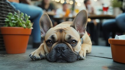 French bulldog rests on patio while people eat and laugh nearby .