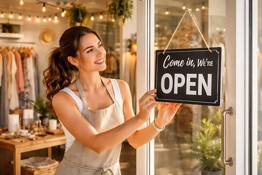 A smiling woman hanging an Open sign on a shop door, welcoming customers inside. The store is filled with clothing racks and decorations, indicating a fashion boutique