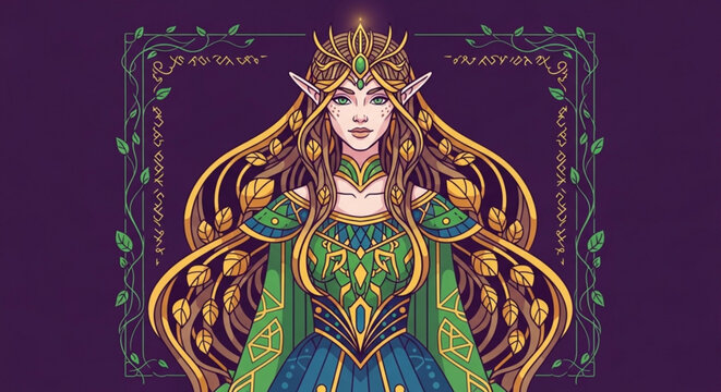 Ethereal elf queen in nature inspired royal attire with gold accents and ornate frame on purple background