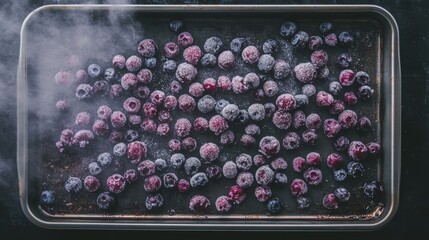 Frosted blueberries spread on a baking tray ready for freezing, cold mist above .
