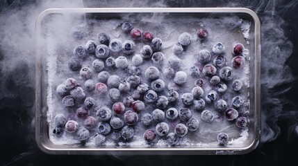 Frosted blueberries spread on a baking tray ready for freezing, cold mist above .