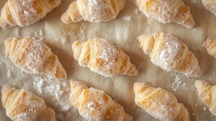 Frozen croissants arranged neatly on parchment paper, sparkling with frost crystals .