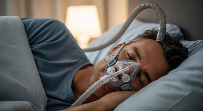 Man Sleeping with CPAP Machine for Sleep Apnea Treatment.