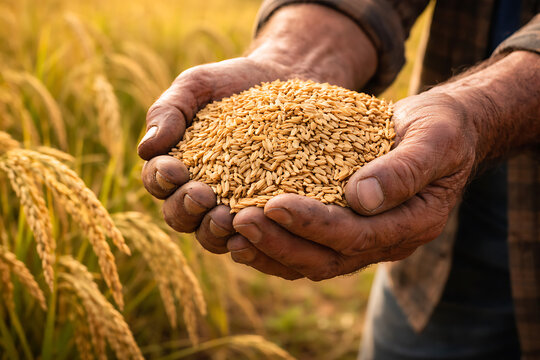 A farmer carefully holding golden grain in his hands