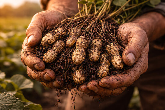 Hands holding freshly harvested peanuts with roots and soil. A close-up shot that captures the essence of agriculture.