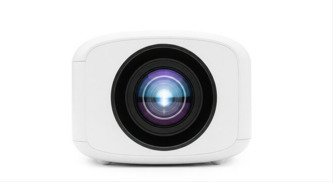 Compact mini projector with a sleek design isolated on a pristine white background, showcasing a modern lens and minimalist style