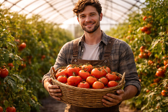 A smiling person proudly holding a basket filled with ripe tomatoes in greenhouse