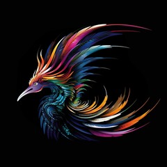 Fototapeta premium Vibrant Multicolored Phoenix-Like Bird with Fiery, Flowing Tail Feathers Against a Black Background