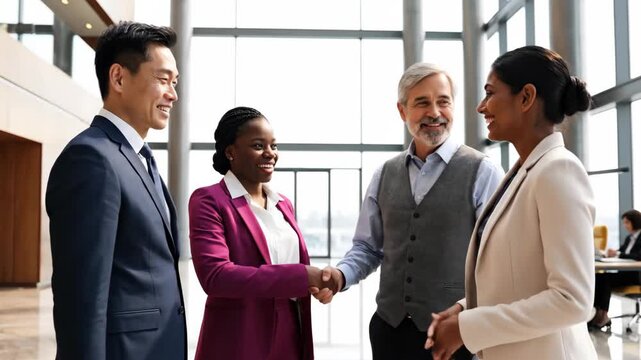 Diverse business professionals shaking hands in modern office lobby.