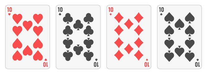 Four tens of different suits — hearts, diamonds, clubs and spades. Clear playing card layout. Poker combination concept representing game strategy, gamble and casino. For poker themes, gambling, luck