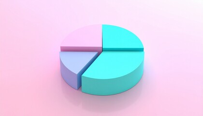Obraz premium A 3D pie chart with four colorful segments in light blue, cyan, lavender, and purple, set against a modern pink gradient background