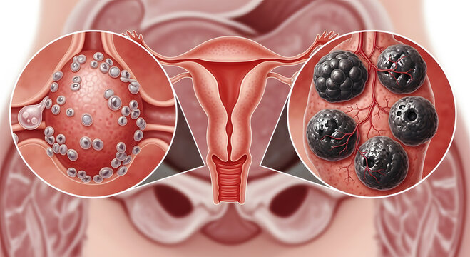 Uterus anatomy with magnified views of ovarian cysts and fibroids female reproductive