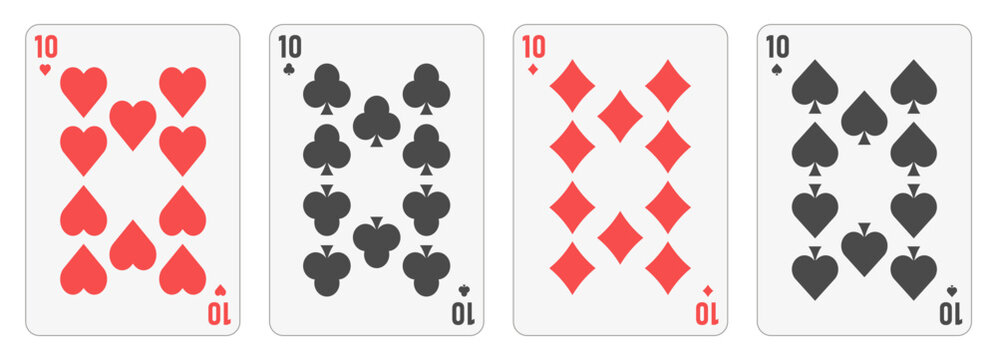 Four tens of different suits &mdash; hearts, diamonds, clubs and spades. Clear playing card layout. Poker combination concept representing game strategy, gamble and casino. For poker themes, gambling, luck