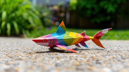 Obraz premium Colorful Origami Shark Decoration on Outdoor Surface with Lush Greenery in Background and Sunlight Casting Shadows