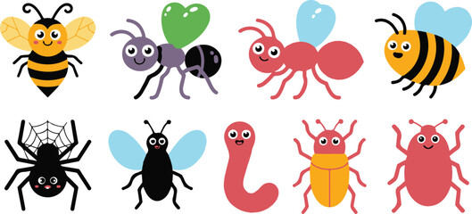 Cute Bug and Insect Character Icon Set  Bees, Ants, Spiders, Worms & Beetles © Creative Rayhan
