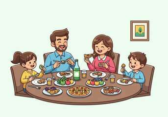 Happy Family Eating Dinner Together Cartoon Illustration