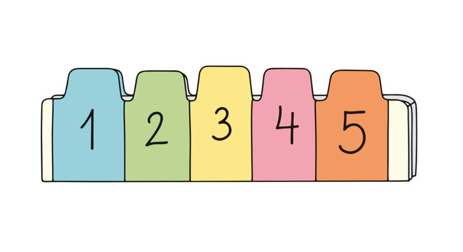 Colorful numbered tab dividers isolated on a clean white background, arranged in a sequential order from one to five, showcasing vibrant pastel hues