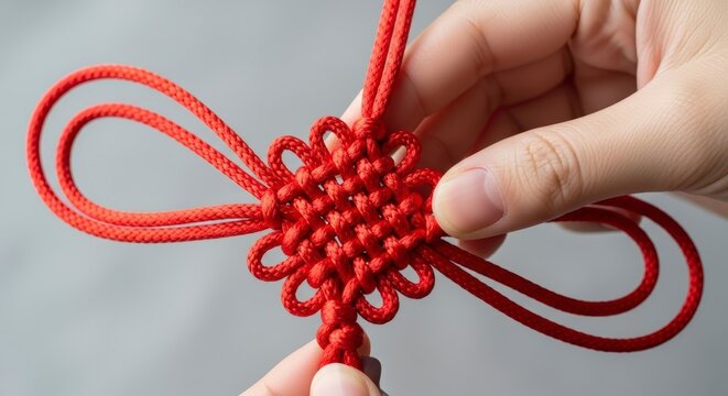 Handcrafting Traditional Chinese Knot with Red Cord.