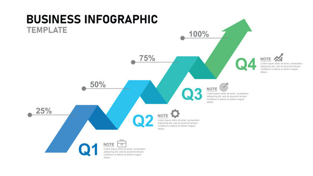 Business Infographic Template with Zigzag Upward Arrow in Blue to Green Monochrome Showing Percentage Growth Toward 100 Percent Target Achievement with Strategy and Innovation Icons