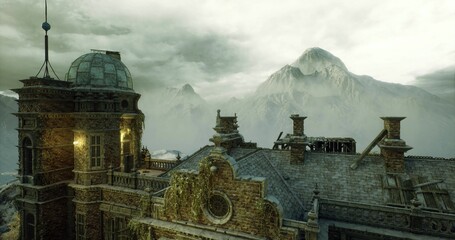ornate baroque facade detail against misty mountain backdrop. gilded carvings and textured stone catch soft morning light, decorative cornices and carved © icetray