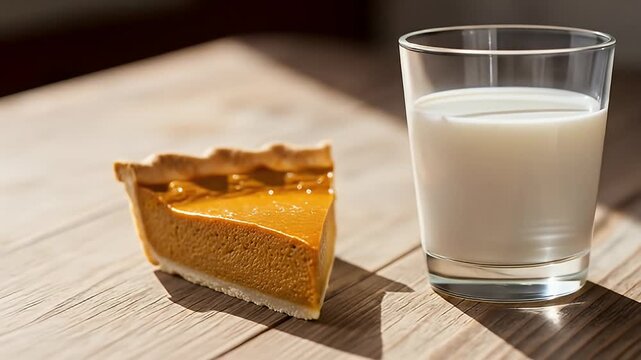 Close-up of pumpkin pie slice next to glass of milk on a wooden surface