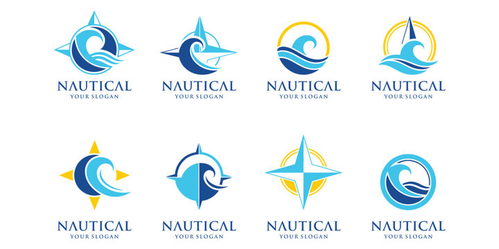 A collection of elegant maritime logos featuring compass, anchor, and ocean elements. Perfect for branding marine companies and the maritime industry.