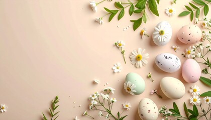 やわらかなベージュ背景に、パステルイースターエッグと繊細な野花、グリーンリーフを配置した俯瞰構図。
空気感のある明るい雰囲気と控えめな色調で、春らしい調和を表現。
ミニマルなフラットベクタースタイルで統一された商用向けデザイン。